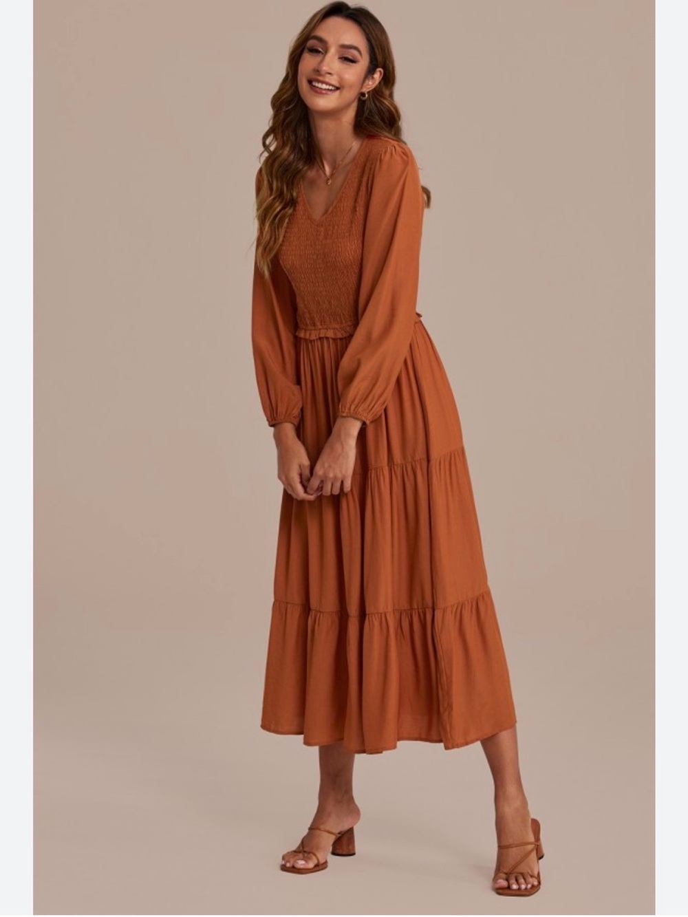 0068 Emma & Michele Rust Smocked Tiered Maxi Dress